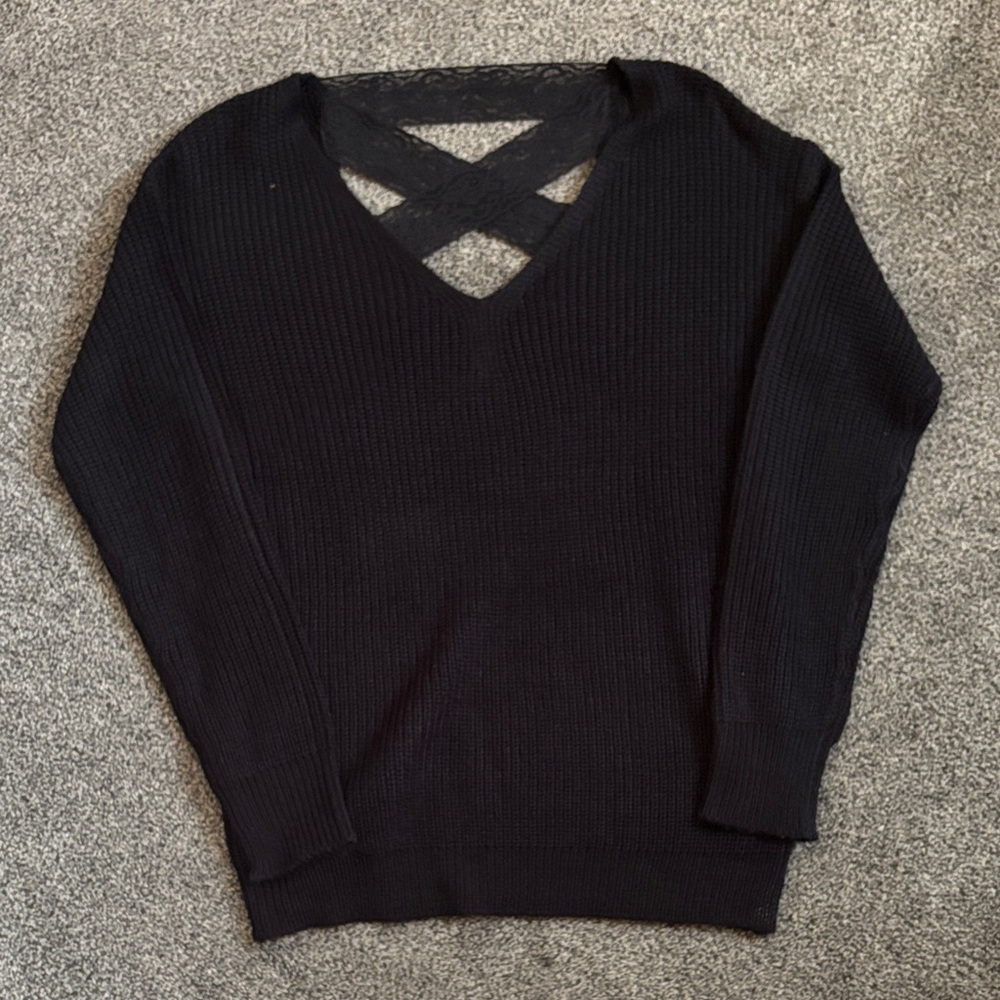 Poof! Black V-Neck Sweater with Crisscross Lace